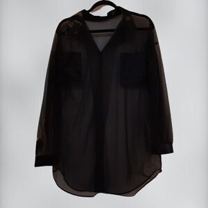 Vtg 2X "Traffic Jam" Sheer Black Button Up Top Blouse Nitewear Collar Shirt USA